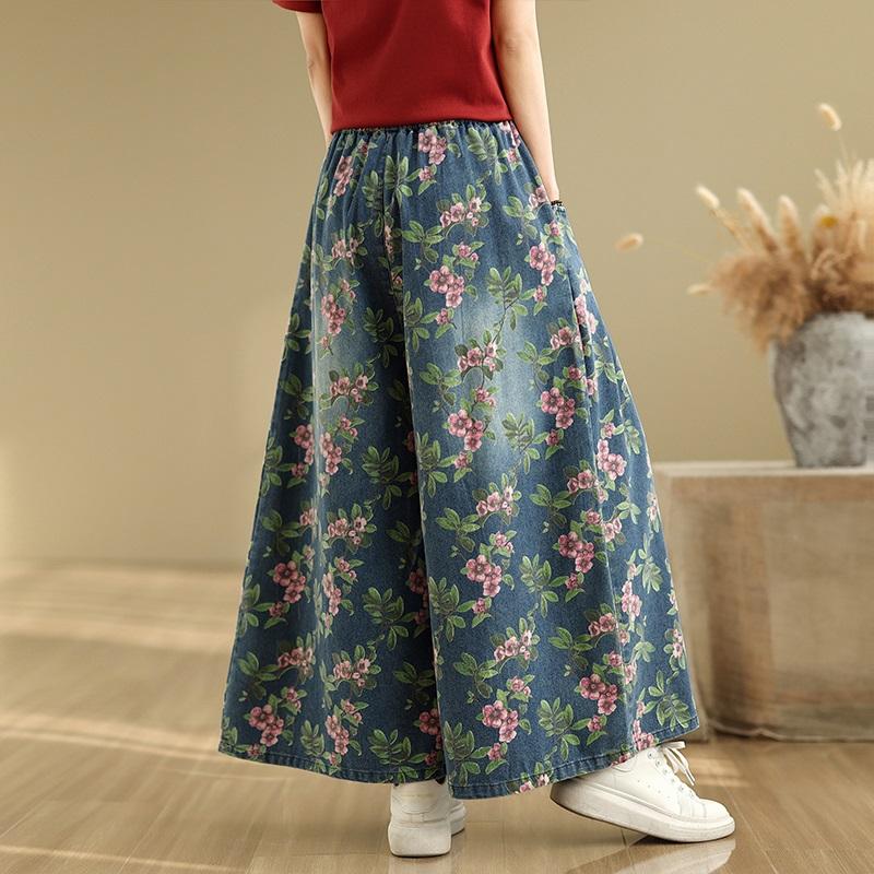 Plus Size Thin Vintage Floral High Waist Casual Loose Women Summer Jeans Denim Wide Leg Pants