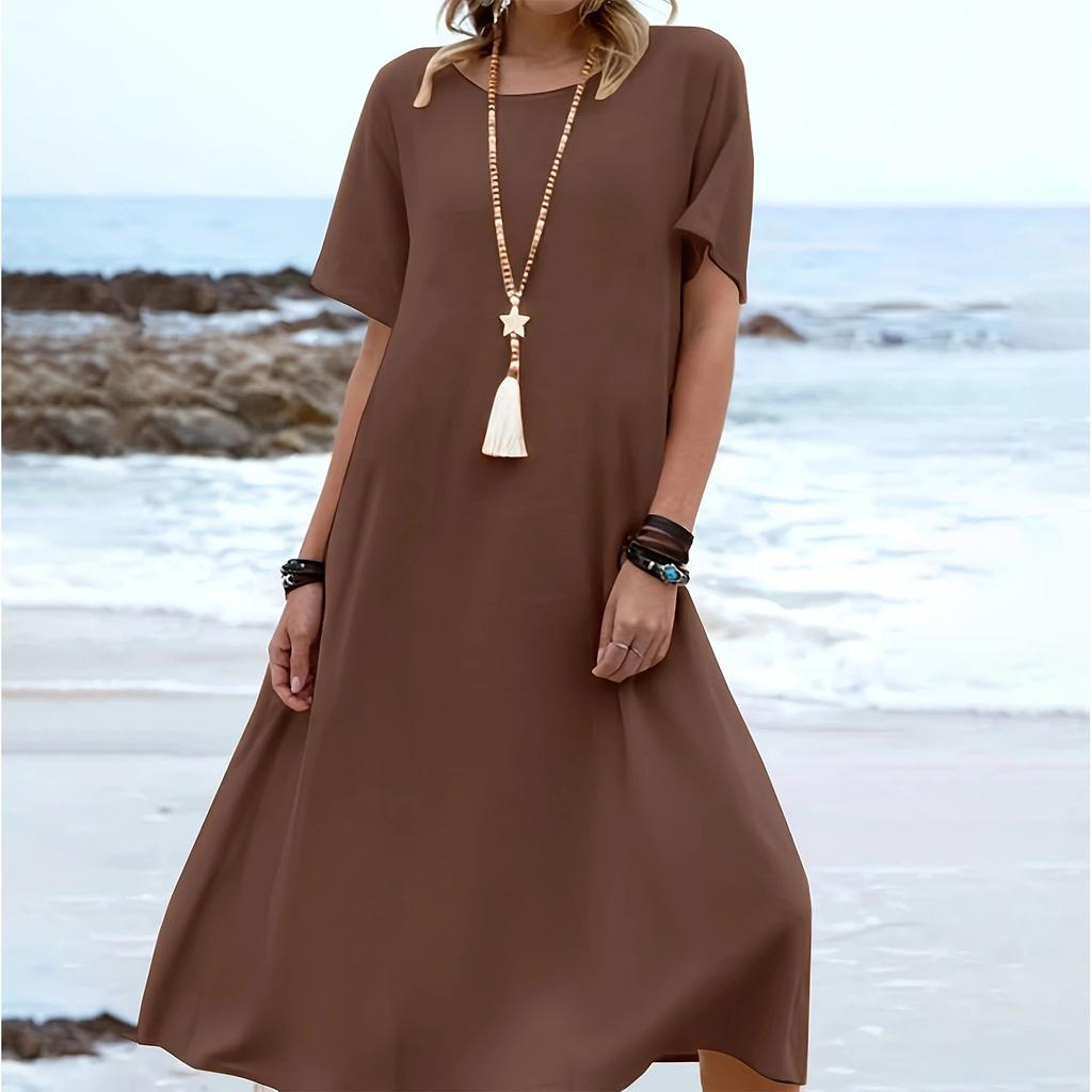 Ladies' Fashionable Vacation Solid Color Casual Round Neck Short Sleeved Loose Dress