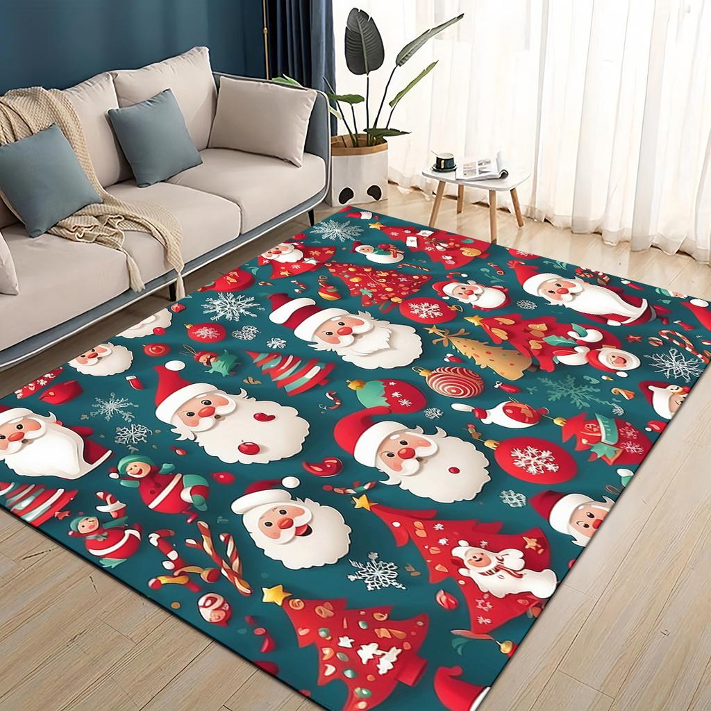 Merry Christmas Cartoon Santa Claus Snowman New Year Gift Carpet Rug for Living Room Bedroom Home Sofa Decoration,Non-slip Mat