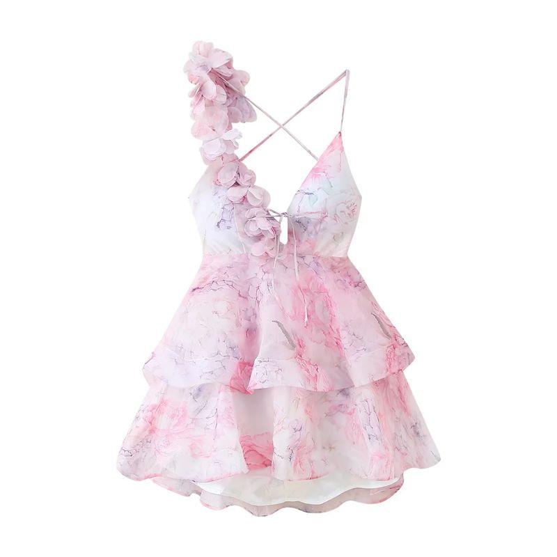 

Za Summer New Women clothes Sweet Style V-neck Sleeveless Waist Hugging Three-Dimensional Flower Decoration High Waist Short Sling Dress Pink S