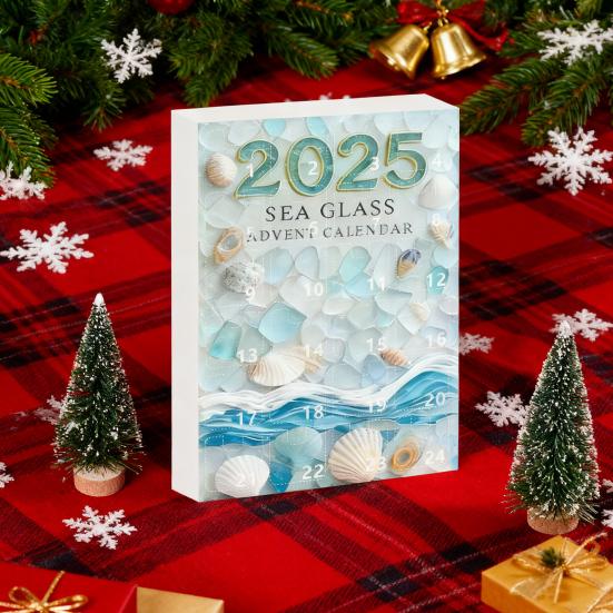 Adventní kalendář Vánoční strom z mořského skla 2025 24 dní Odpočítávání svátků s mini ozdobami z mořského skla Dekorace vánočního stromku s oceánskou tématikou