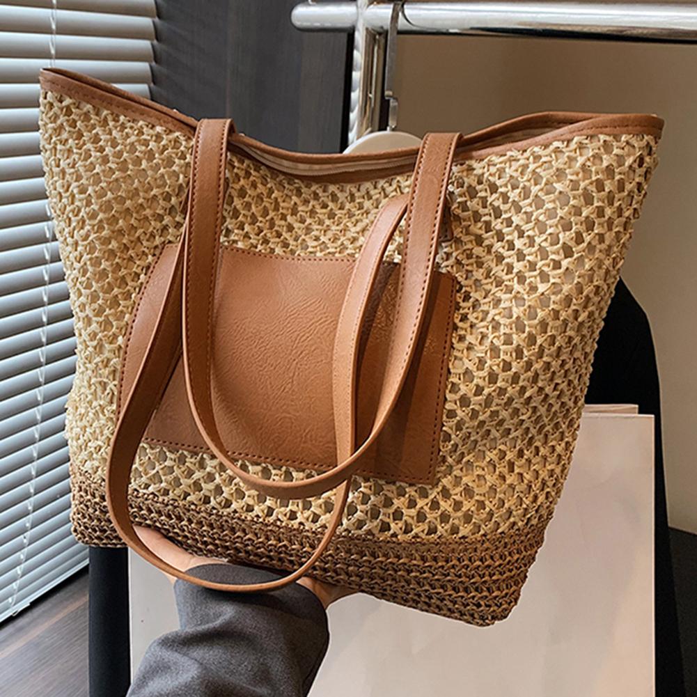 

Жіноча в язана гачком пляжна сумочка з ПУ клаптикового плетіння Дорожня сумка великої місткості Проста сумка на плече Жіноча літня повсякденна сумка бежевий