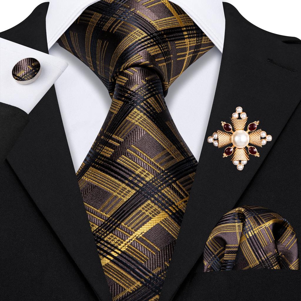 Pearl Brooch with Silk Tie for Men Vintage Floral Teal Necktie Hanky Cufflinks Gift Formal Set