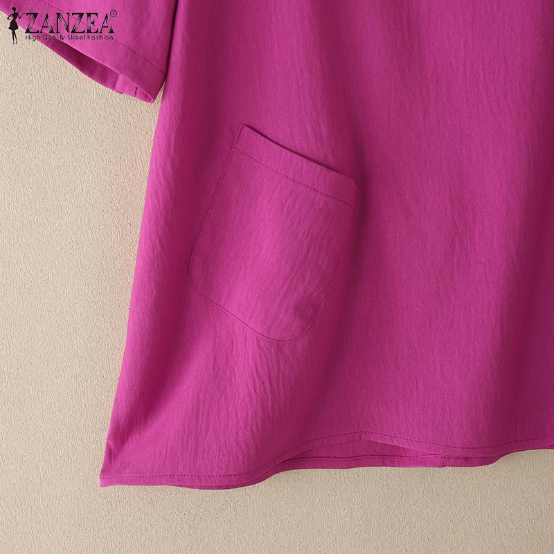 ZANZEA Lässige Bluse mit Rundhalsausschnitt, einfarbig, für den Sommer, kurzärmelig