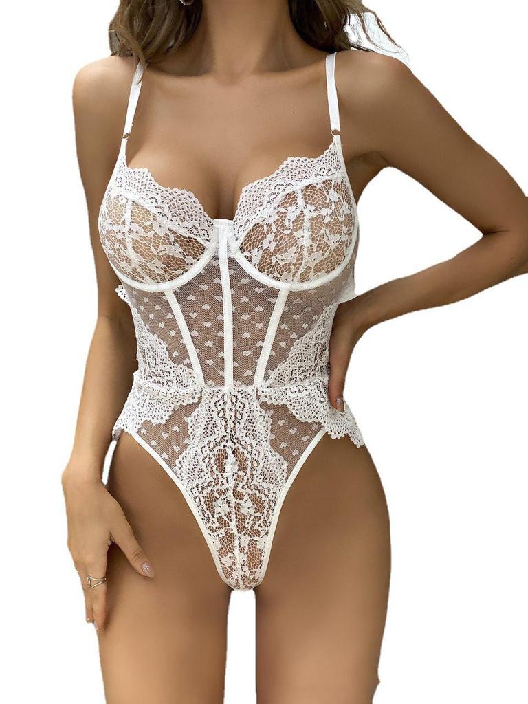 European & American Sexy Lace Suspender Bodysuit - Women's See-Through Lingerie