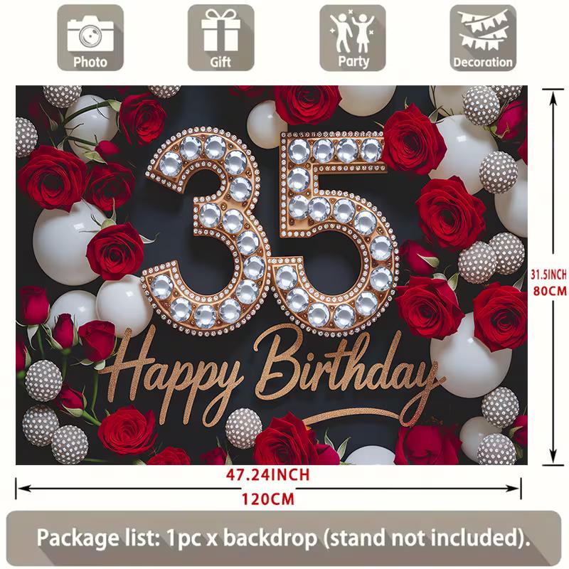 2D Luxury 35th Birthday Backdrop with Diamond Number and Red Roses Party Background