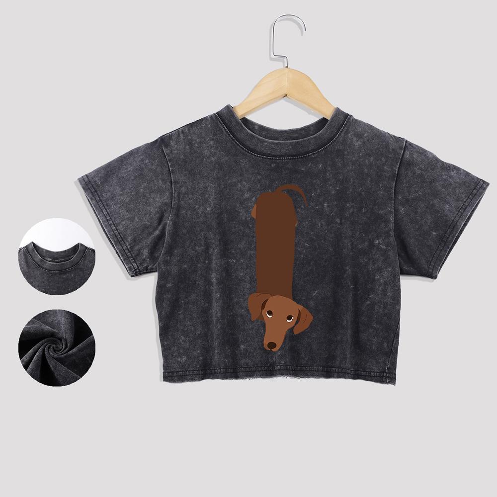 Funny Cartoons Dogs Prints Cotton Crop Tees Street Summer Lace Hem Washed T-Shirts Distressed O-Neck Short Sleeve Casual Clothes