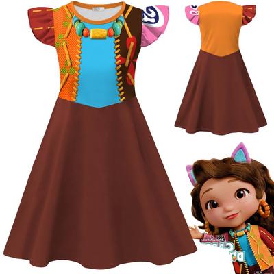 Kids Girls Cartoon Printed Ruffle Sleeves O Neck Casual Dress Halloween Cosplay Costumes