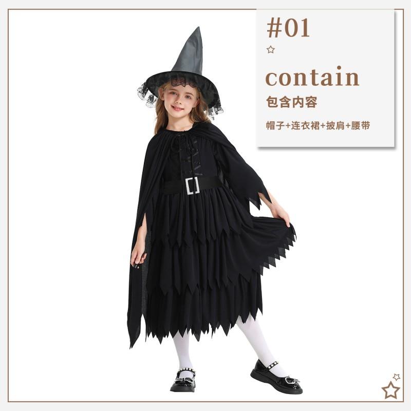 Halloween Witch Costume Girls Dark Gothic Dress With Cape Belt Hat Socks Broom Kids Cosplay Outfit