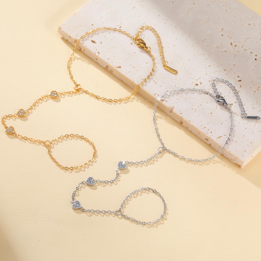 Clear Zircon Heart Finger Bracelet Women Stainless Steel Adjustable Hand Chain Minimalist Jewelry Gift