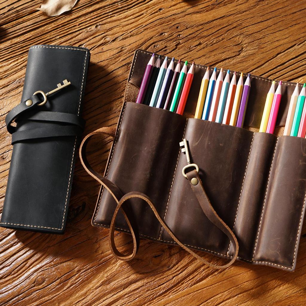 Vintage Genuine Leather Cowhide Pencil Roll Case - Simple, Multifunctional Roll-Up Pouch