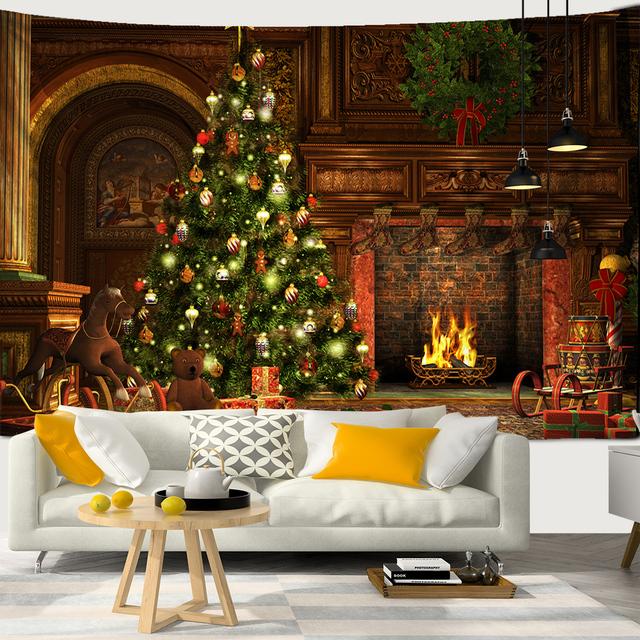 Snow Christmas Tree Fireplace Santa Claus Print Tapestry Wall Hanging Background Cloth Decor Christmas Home Room Wall Decoration