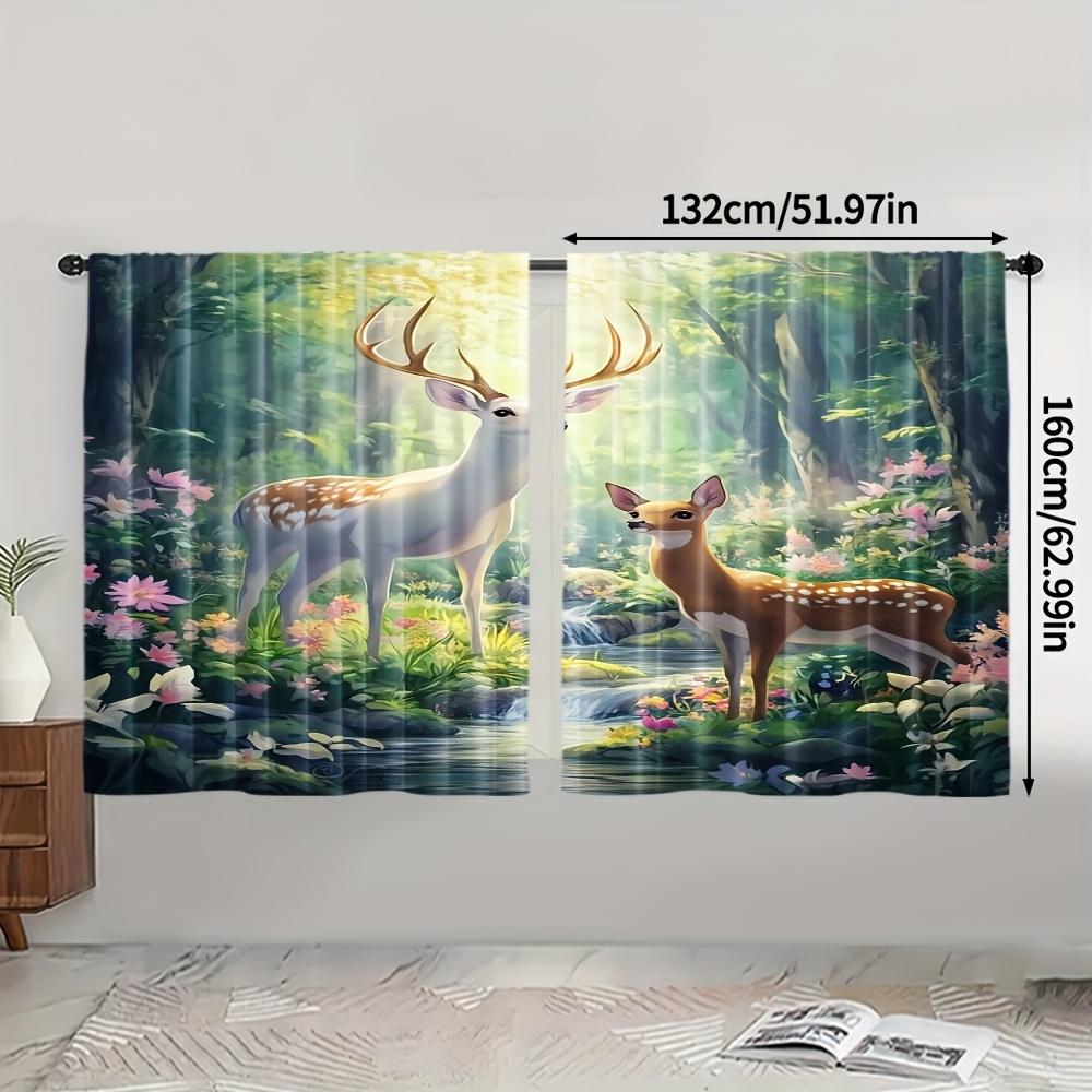 Set Of 2 Elegant Spring Floral Wild Elk Design Curtains Polyester Uv Filter Ideal Living Room Decor Curtain Machine Washable Perfect For