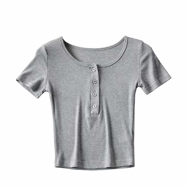 

YPFF Однотонный эластичный укороченный топ на четырех пуговицах: Летняя женская футболка с коротким рукавом в европейском и американском стиле Medium серый