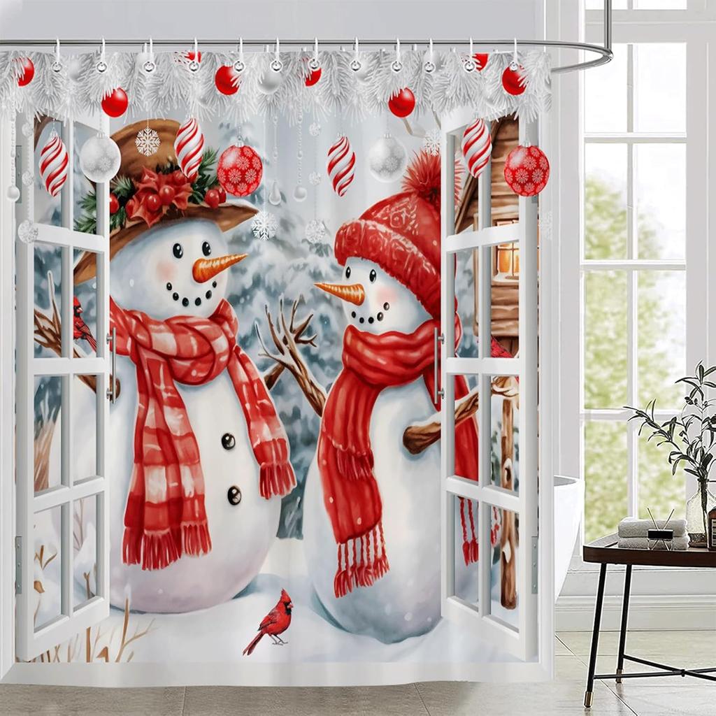 Christmas Shower Curtain Snowman Xmas Tree Farm Barn Truck Red Bird Snowflake Winter New Year Decor Bathroom Curtains Set with Hook 70X70 Inch