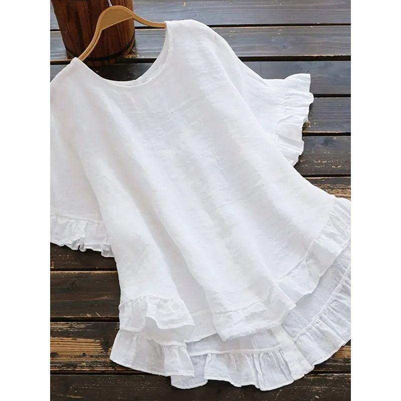 Loose Ruffled Short-Sleeve Top Solid Loose Ruffle Sleeve Short Sleeve Button Top