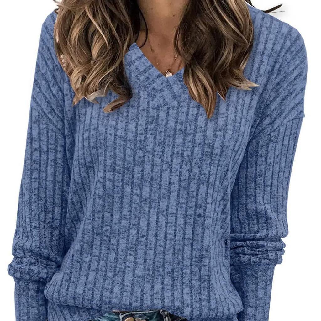 Women's V-Neck Long Sleeve Shirts, Casual Fall Tops Lightweight Tunic Sweaters, Ribbed Brushed Knit T-Shirt Top, Perfect for Everyday Wear or Layering
