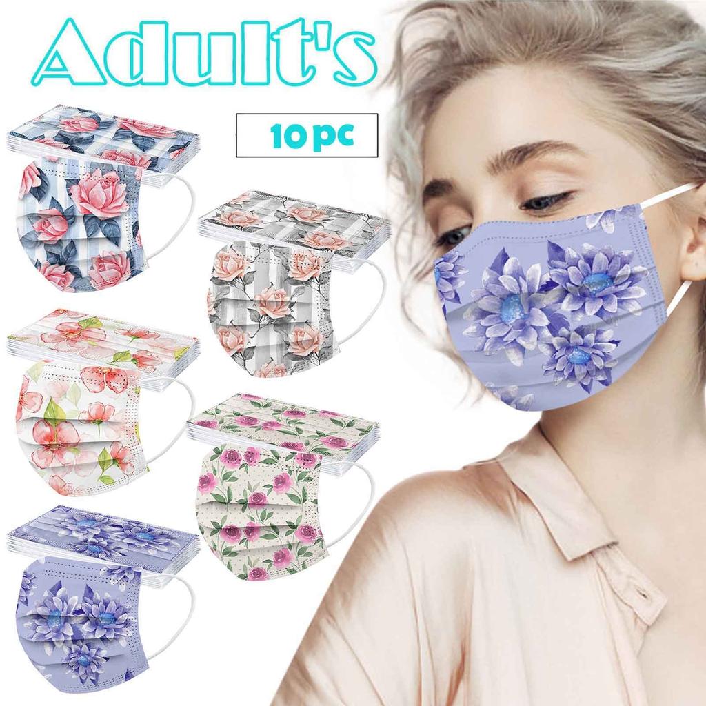 10pcs Flower Printing Adult Disposable Christmas Mask 3 Layer Earring Face Mask