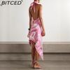 BITCED Women's Summer Sexy Halterneck Backless Printed Satin Holiday Beach Dress