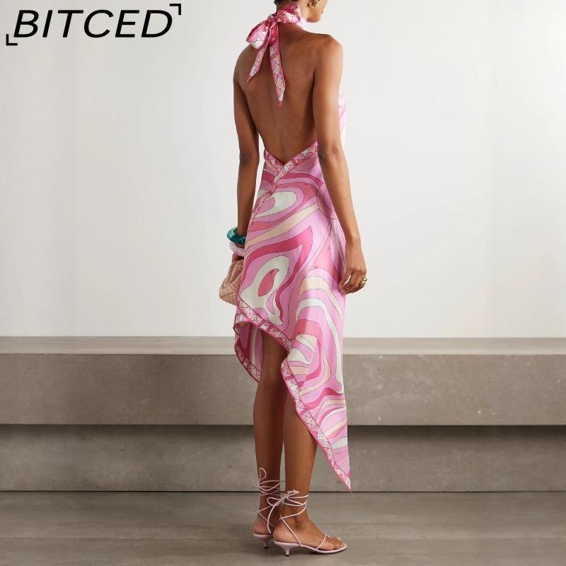 BITCED Women's Summer Sexy Halterneck Backless Printed Satin Holiday Beach Dress