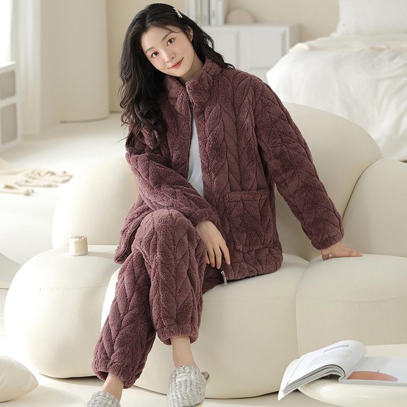 [Super Thick] Women's padded pajamas, thickened three-layer warm coral fleece padded jacket, high-collar loungewear set in winter