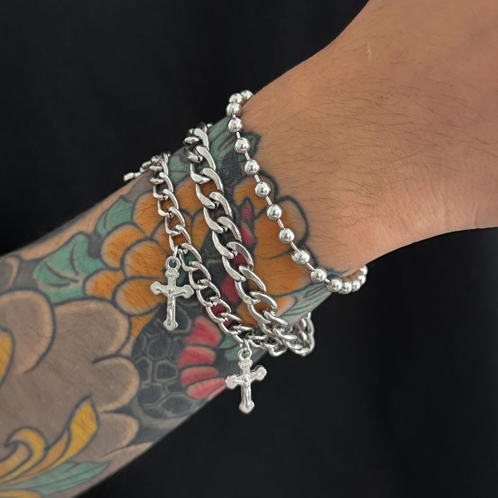 Ingemark Punk Hip Hop Silver Color Metal Chain Bracelets Men Goth Vintage Cross Pendant Bangles Grunge Street Jewelry Steampunk