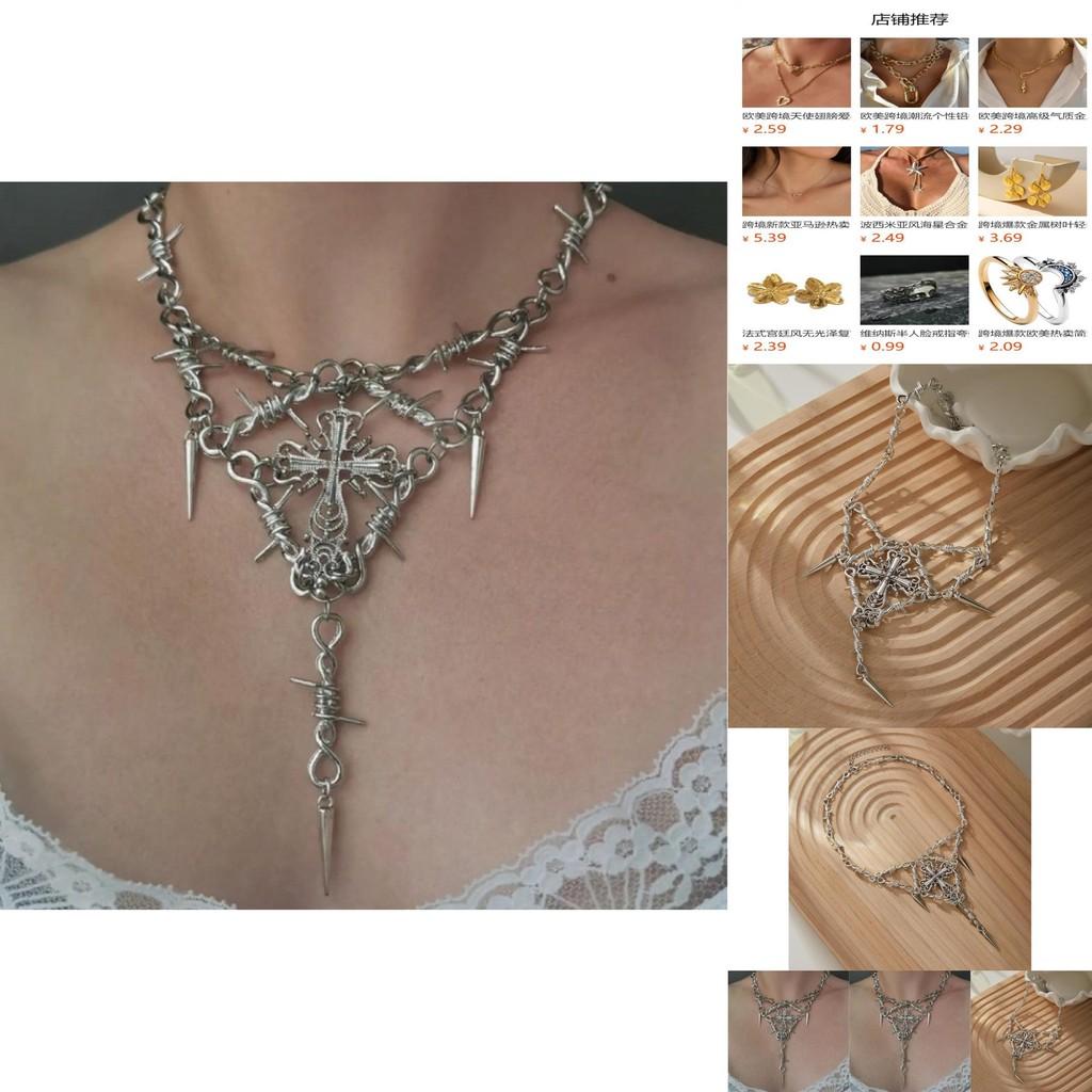 Unique Geometric Design Thorn Cross Pendant Necklace For Women Fashionable Casual Style