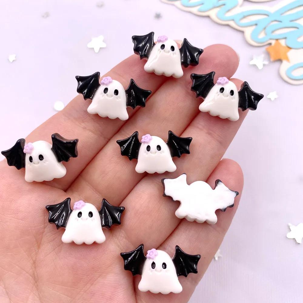 10Pcs Resin Colorful Cute Witch Hat Cat Bat Skull Figurines Flatback Stone DIY Bow Halloween Decor Scrapbook Accessories