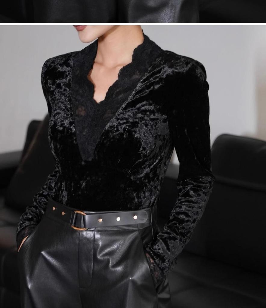 Women's V-Neck Lace Trim Layered Top - Autumn, Spring, Winter - Faux Fur & Velvet, Elegant & Unique.