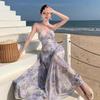 Gefaltetes Blumen-Spice-Girl-Rückenfreies Neckholder-Kleid Damen Sommerurlaub Netzkleid Schlanke Taille A-Linien-Rock
