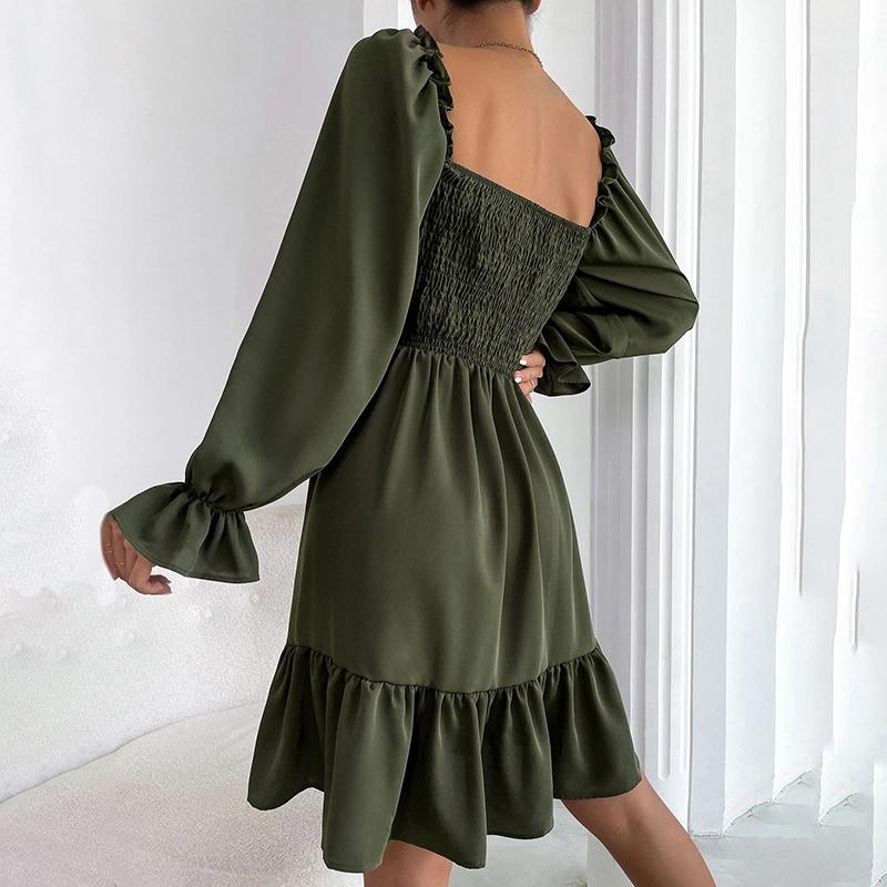 2025 French Minimalist Square-Neck Dress Long-Sleeve High-Waisted Bodycon Dress with Flounced Hem