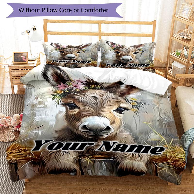 3PC Custom Name Donkey Floral Crown Bedding Set Duvet Cover Closure Includes 1 Duvet Cover & 2 Pillowcases for Bedroom