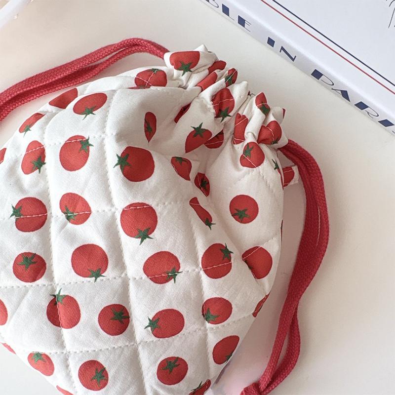 New Drawstring Makeup Bags Cute Tomato Pattern Plaid Storage Bags Creative Patchwork Soft Small Bags Stylish Simple Women's Bags