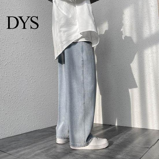Strong Denim Fabric Overalls Men Jeans Wide Leg Pants Baggy Trouser Fashion Loose Retro Straight Solid-color Waist Button Long Washed Blend