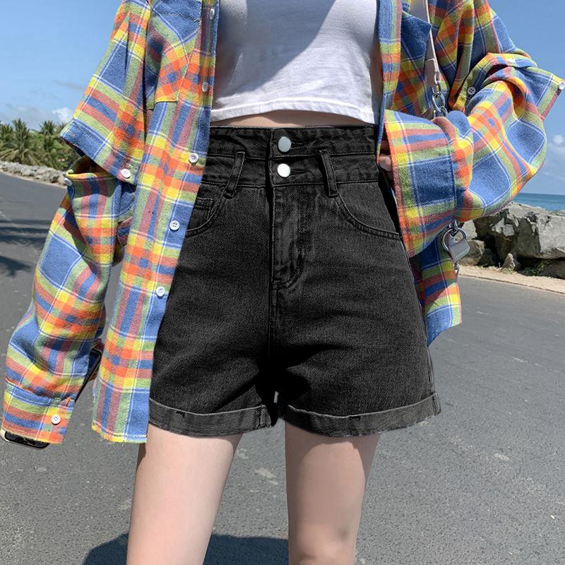 Women's High Waist A-Line Denim Shorts - Summer Straight Leg, Double Button, Loose Fit with Rolled Hem, Trendy Wide Leg Design