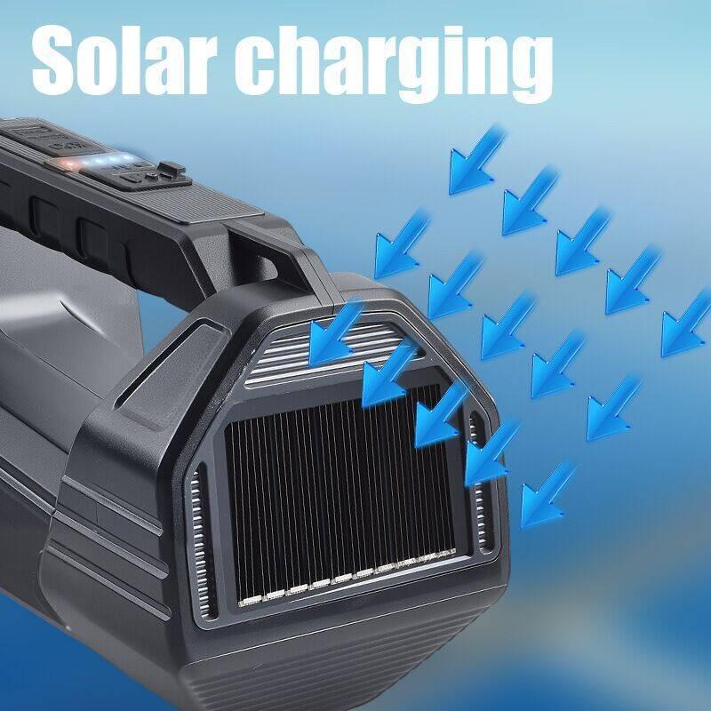 Multi Functional LED Solar Flashlight with Multiple Lighting Modes for Outdoor Hiking, Fishing, and Camping. Portable Searchlight with Durability