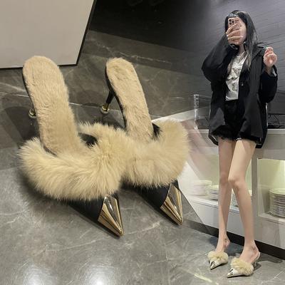 Hongkai Mao Mao Mao High-heeled Slippers Women's Outer Wear 2025 Autumn and Winter New French Pointed Half Slippers Women's Trend