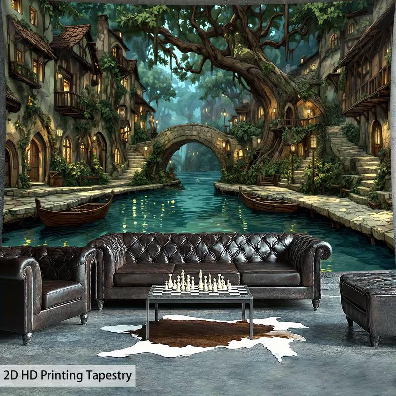 

2D Fairycore Medieval Village Tapestry, Magical River Town Forest Wall Art for Home Decor 47.2x31.5inch/120*80cm