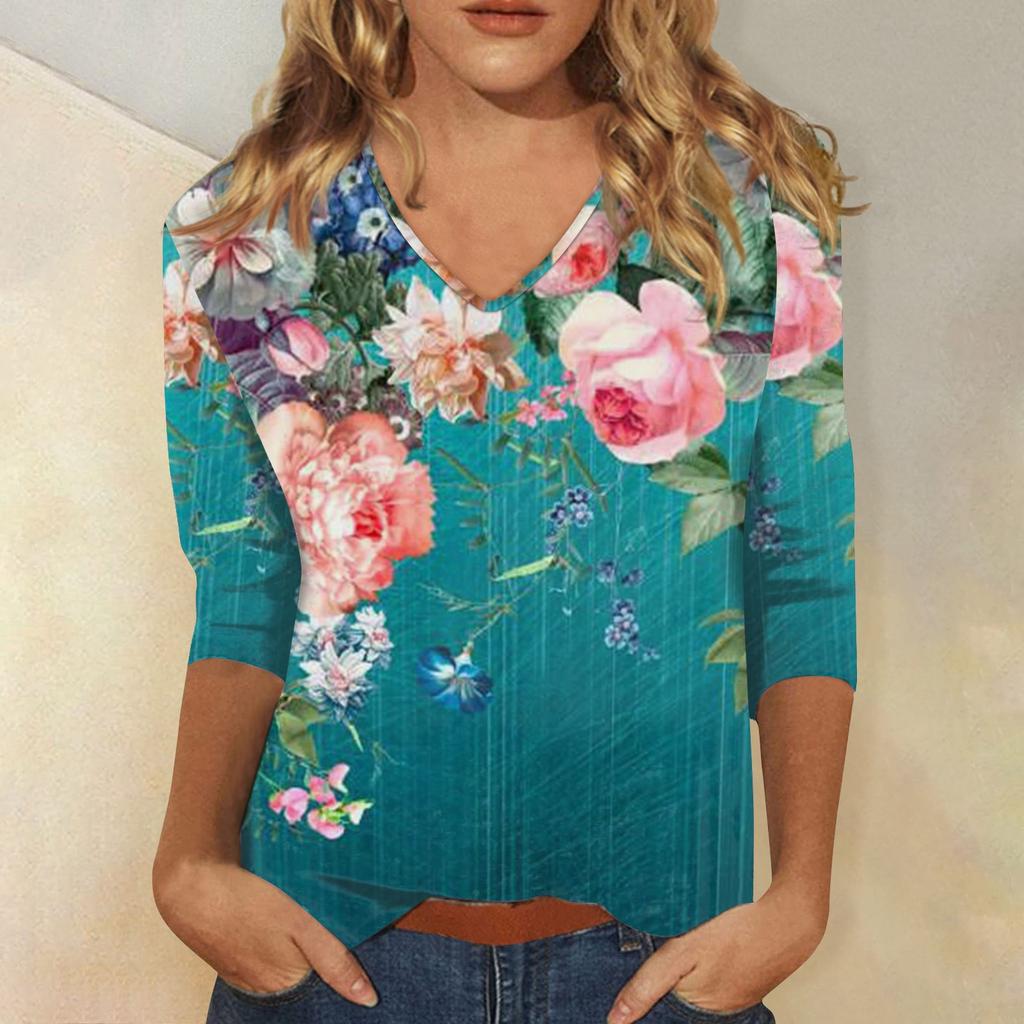 3/4 Sleeve Shirts For Women Cute Print Graphic Tees Blouses Casual Plus Size Basic Button Tops Pullover