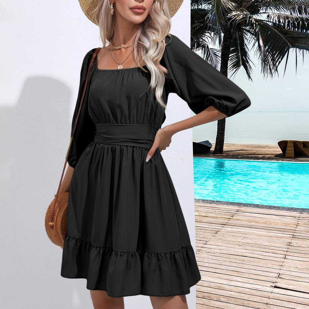 New Fashion Women's Trendy Ruffle Edge Square Neck Tie Up Short Skirt Summer Dress