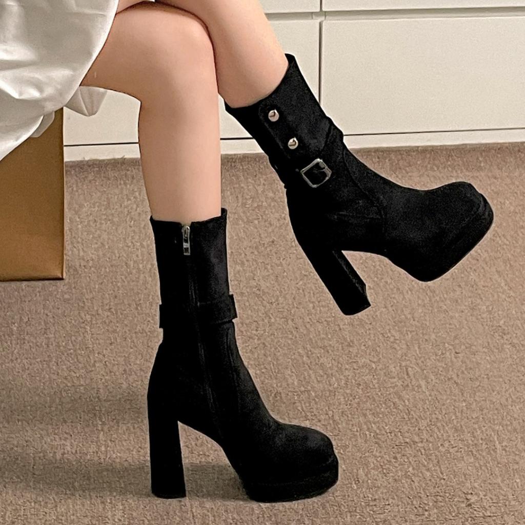 Queen Fan Retro British Style Thick High Heel Short Boots Women's 2025 New Autumn Versatile Skinny Height Boots