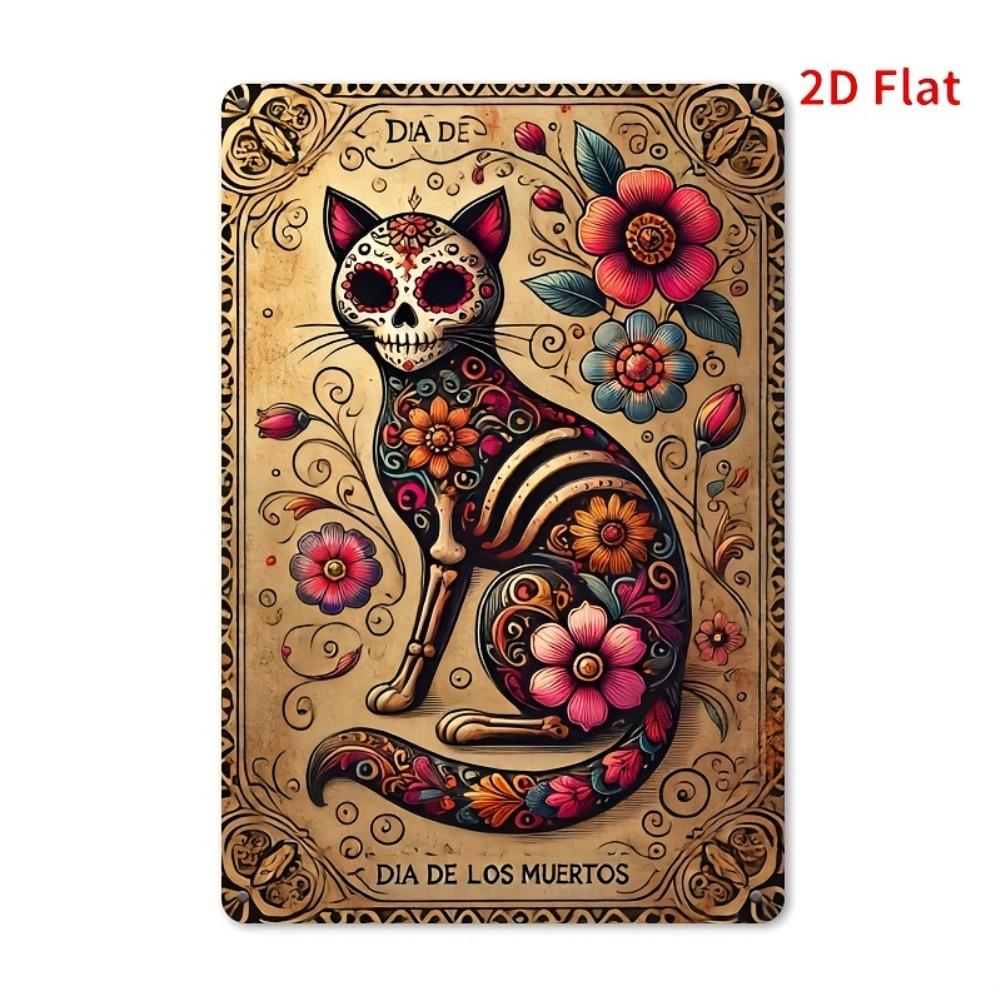 pc x D Flat Vintage Day of the Dead Cat Wrought Iron Wall Sign Mexican Skeleton Art with Vibrant Floral Designor 20x30cm(7.8x11.8inch)