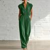 Women V Neck Short Sleeve Jumpsuit Casual Loose Fit Elastic Waist Full Length Romper with Pockets Zipper Front Design