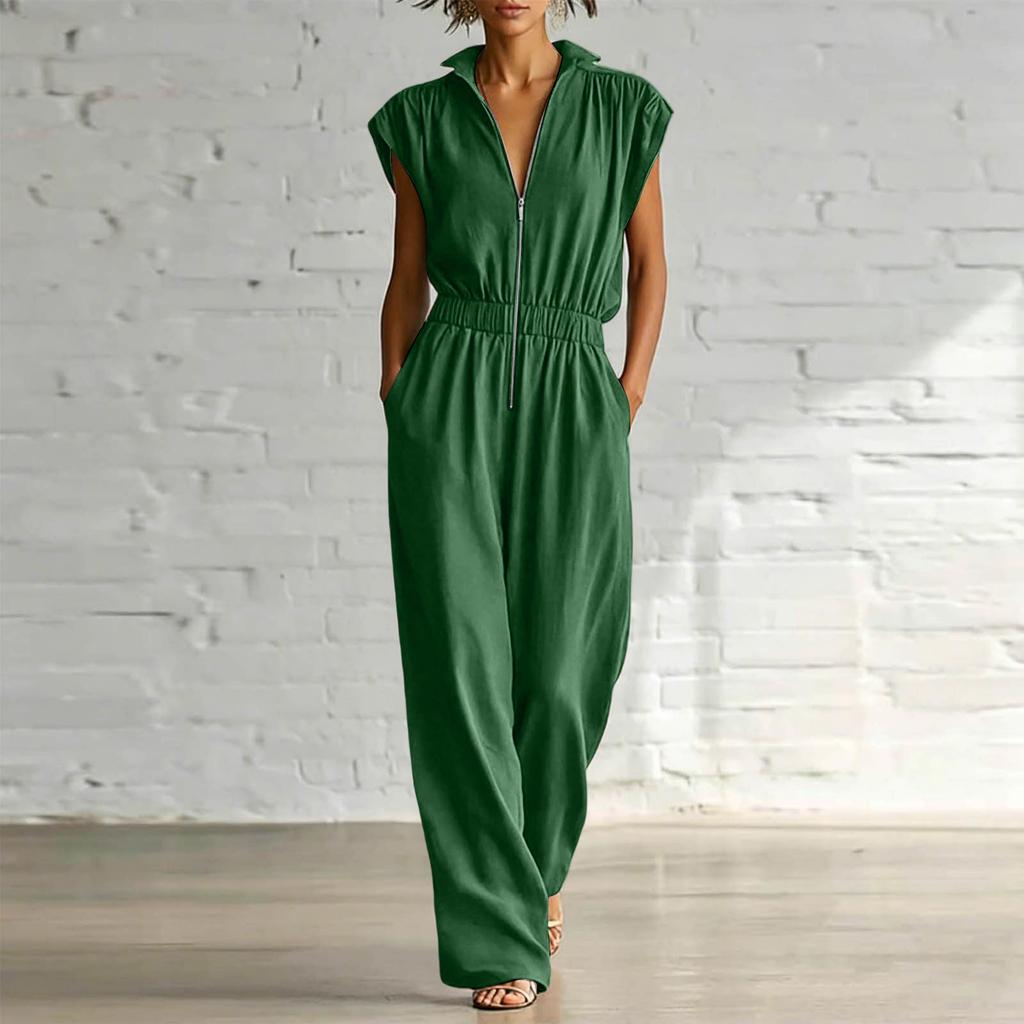 Women V Neck Short Sleeve Jumpsuit Casual Loose Fit Elastic Waist Full Length Romper with Pockets Zipper Front Design