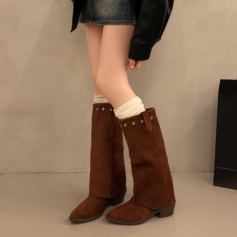 Fashion Vintage Thick Heel Women Western Cowboy Boots Button Combination Splicing Shoes Autumn Winter Ladies Pipe Long Booties