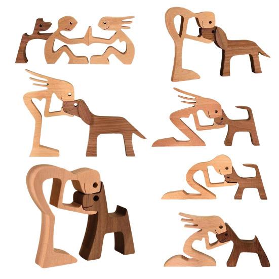 Dog Wooden Sculpture Pet Memorial Gift Dog And Man Woman Statue Home Decor Puppy
