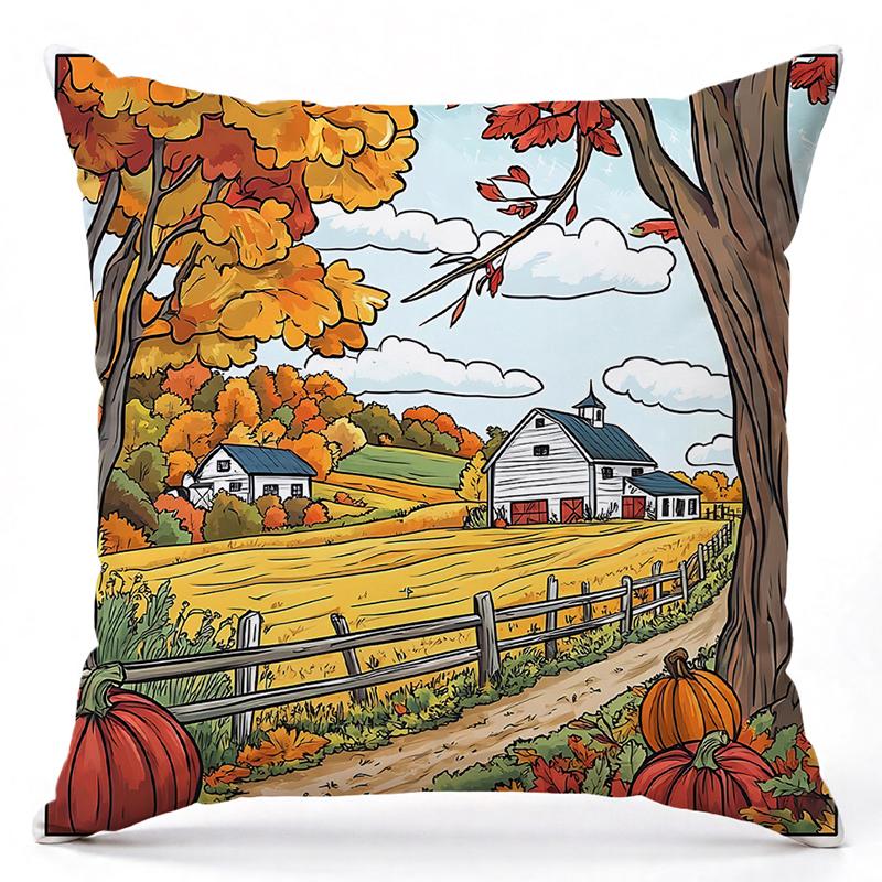 Autumn Countryside Scenes Printed Decorative Throw Pillows Square Polyester Pillowcase, Modern Sofa Decorative Cushion Cover