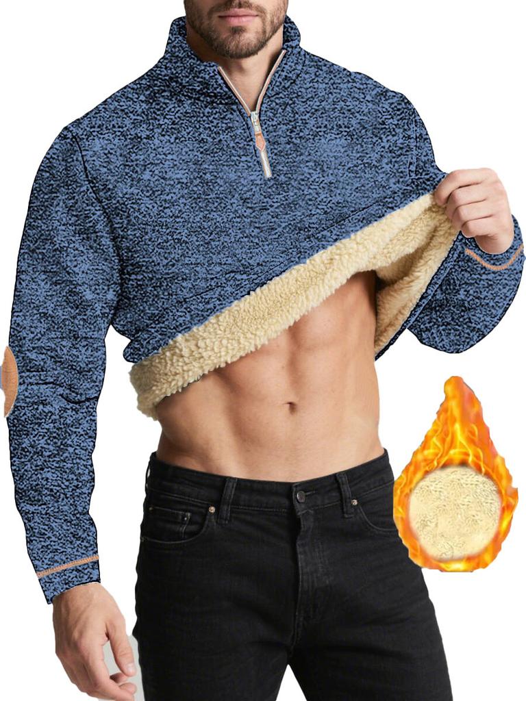Autumn New Men's Casual Quarter Zip Fleece Lined Sweatshirt with Elbow Patches Solid Color Warm Sportswear Male Fashion Outerwear