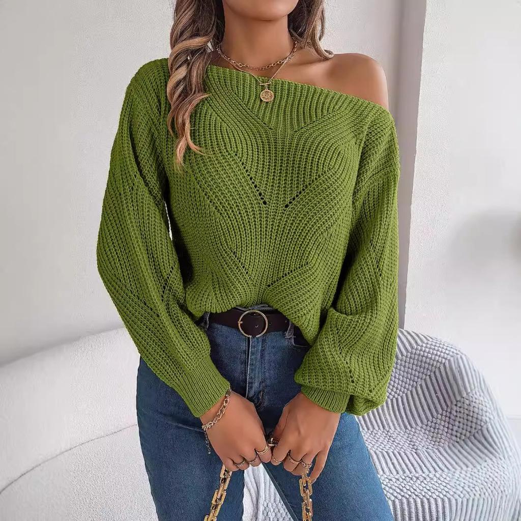 Automne et Hiver, Décontracté, Ajouré, Une Épaule Dégagée, Haut, Manches Lanterne, Pull Chaud, Vêtements pour Femmes