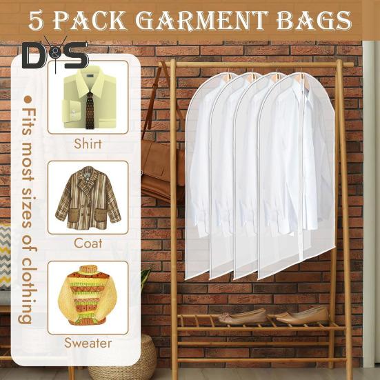 5/10Pcs Garment Bags with Zipper Translucent Suit Bags Reusable Washable Wardrobe Organization Clothes Hanging Bags